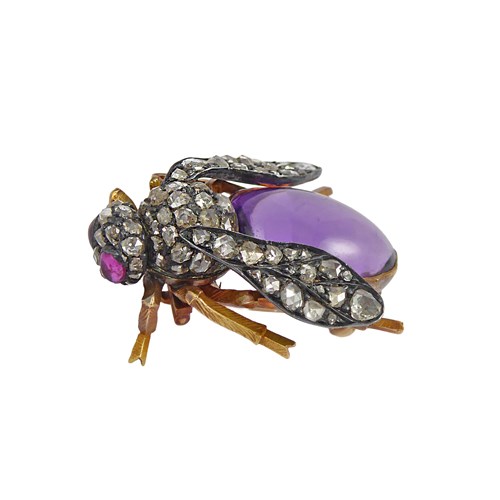19th century amethyst, ruby and diamond set fly brooch, c.1880,